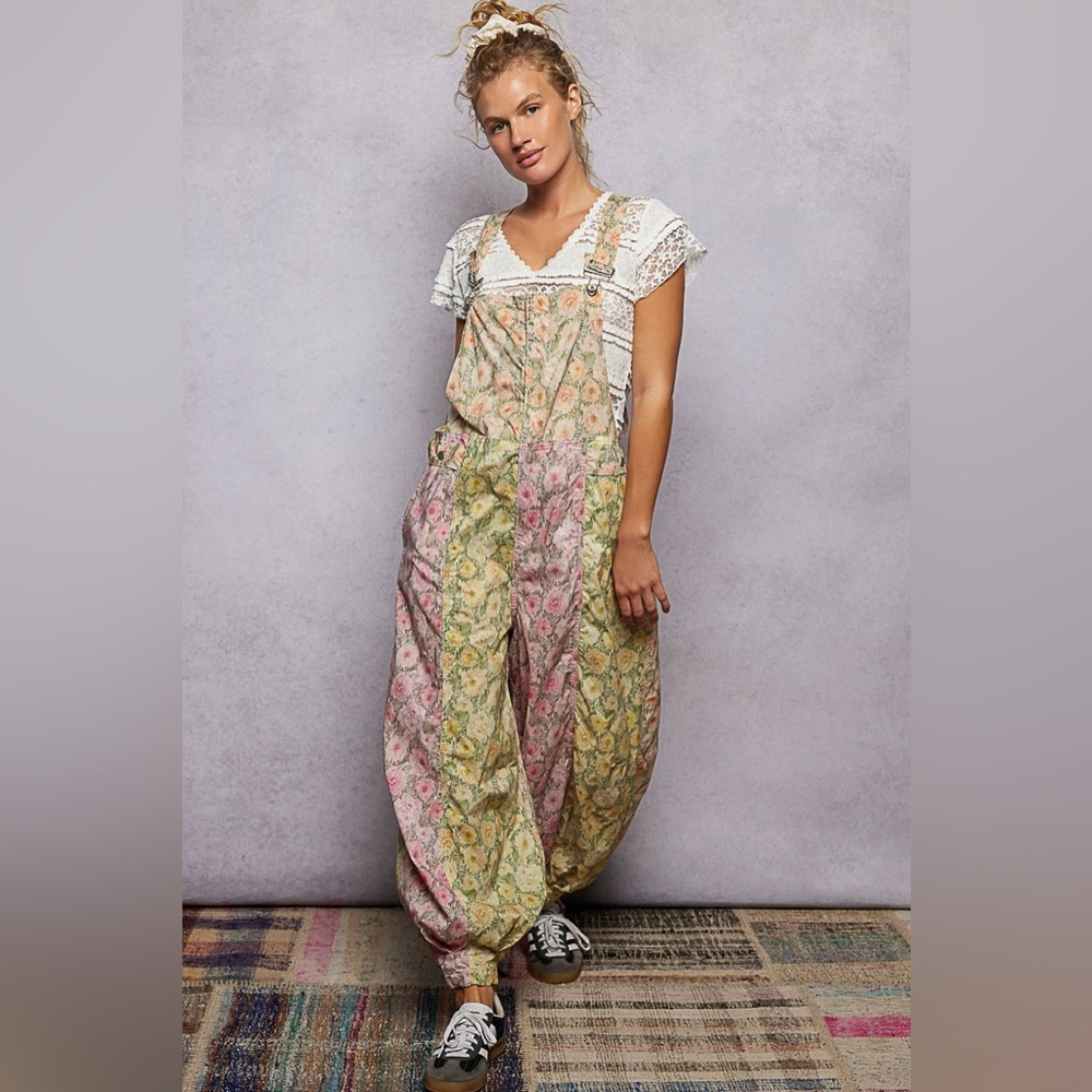 POL Rose Lemon Floral Balloon-Leg Overalls